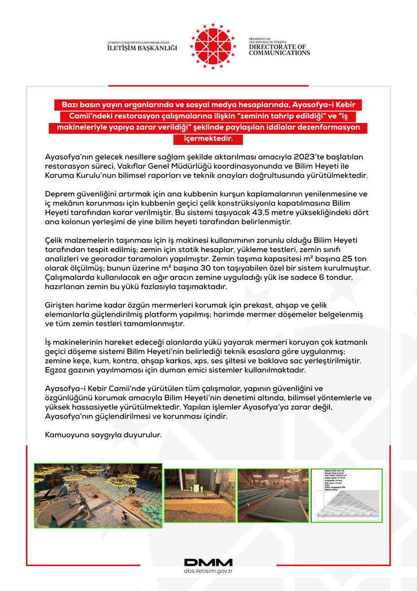 dmmiletisim's tweet image. Bazı basın yayın organlarında ve sosyal medya hesaplarında, Ayasofya-i Kebir Camii’ndeki restorasyon çalışmalarına ilişkin “zeminin tahrip edildiği” ve “iş makineleriyle yapıya zarar verildiği” şeklinde paylaşılan iddialar dezenformasyon içermektedir.

Ayasofya’nın gelecek…