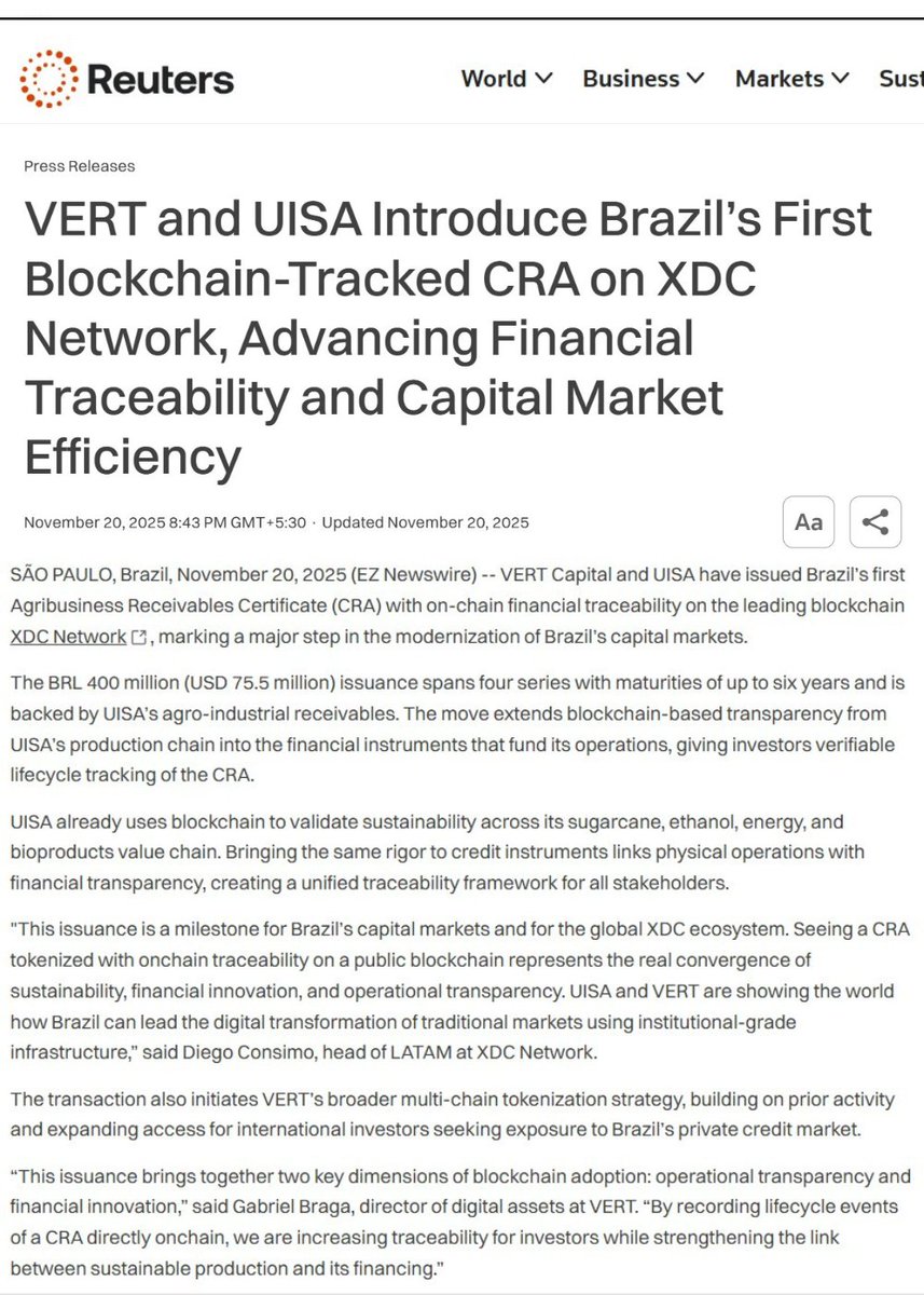US$ 75 Million Tokenized on the XDC Network | A Landmark for Brazil’s RWA Market

VERT Capital and UISA have completed the first issuance of their new partnership on the XDC Network, kicking off a multi-year strategy to tokenize US$ 1 billion in Brazilian real-world assets.

The