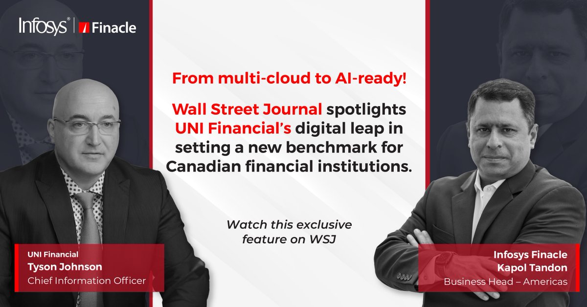 Finacle's tweet image. Check out this WSJ feature on UNI Financial’s transformation!  Tyson Johnson &amp;amp; Kapol Tandon share how Canada’s first federally regulated credit union redefined modern banking with a cloud-enabled foundation: okt.to/V0ml7y 

#DigitalTransformation #Cloud #CoreBanking