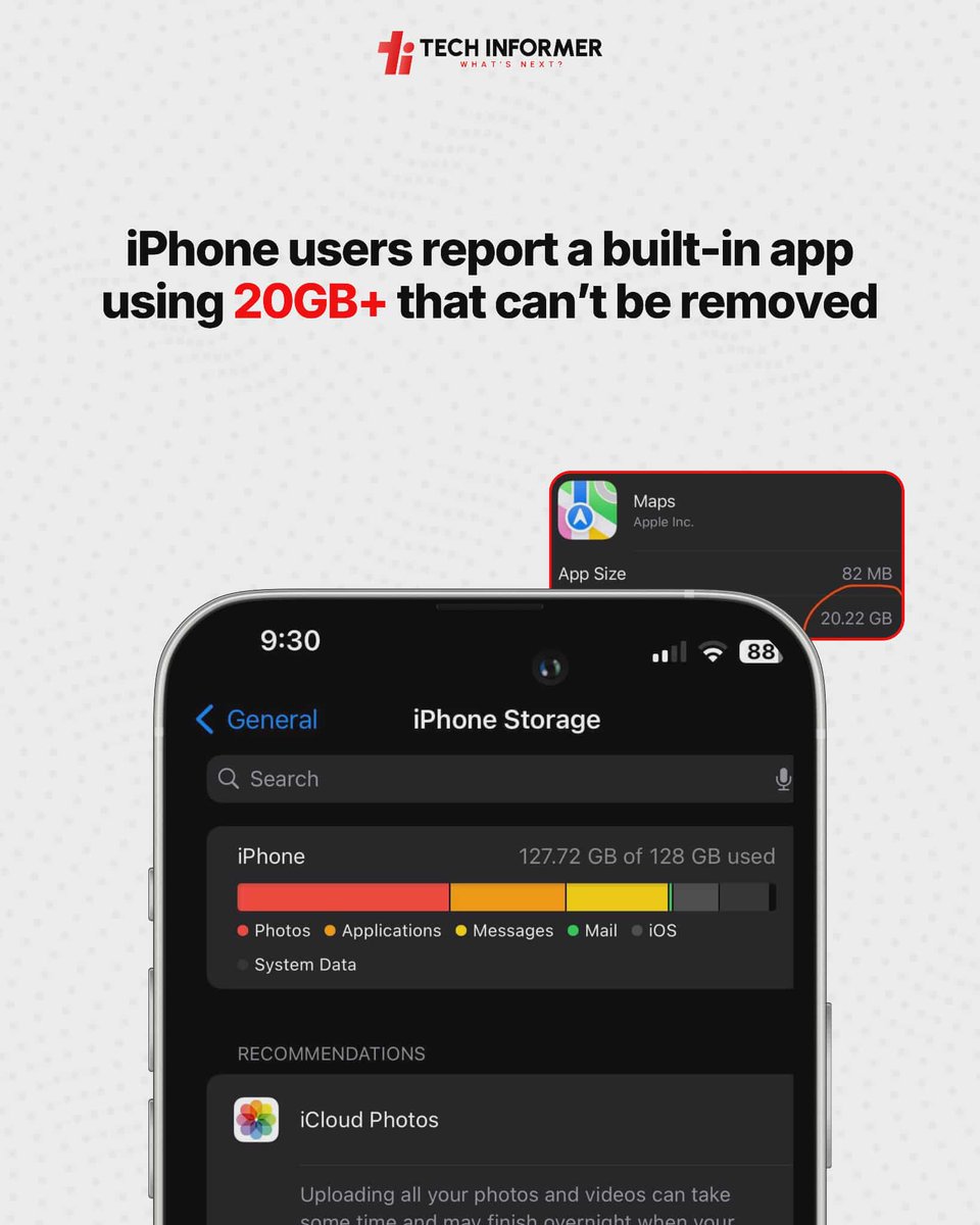 Tech_Informer_'s tweet image. iPhone users are reporting that Apple Maps is taking up over 20GB after updating to iOS 26, and many can’t delete or offload the app to free space.

#TechInformer
#iPhone
#AppleMaps