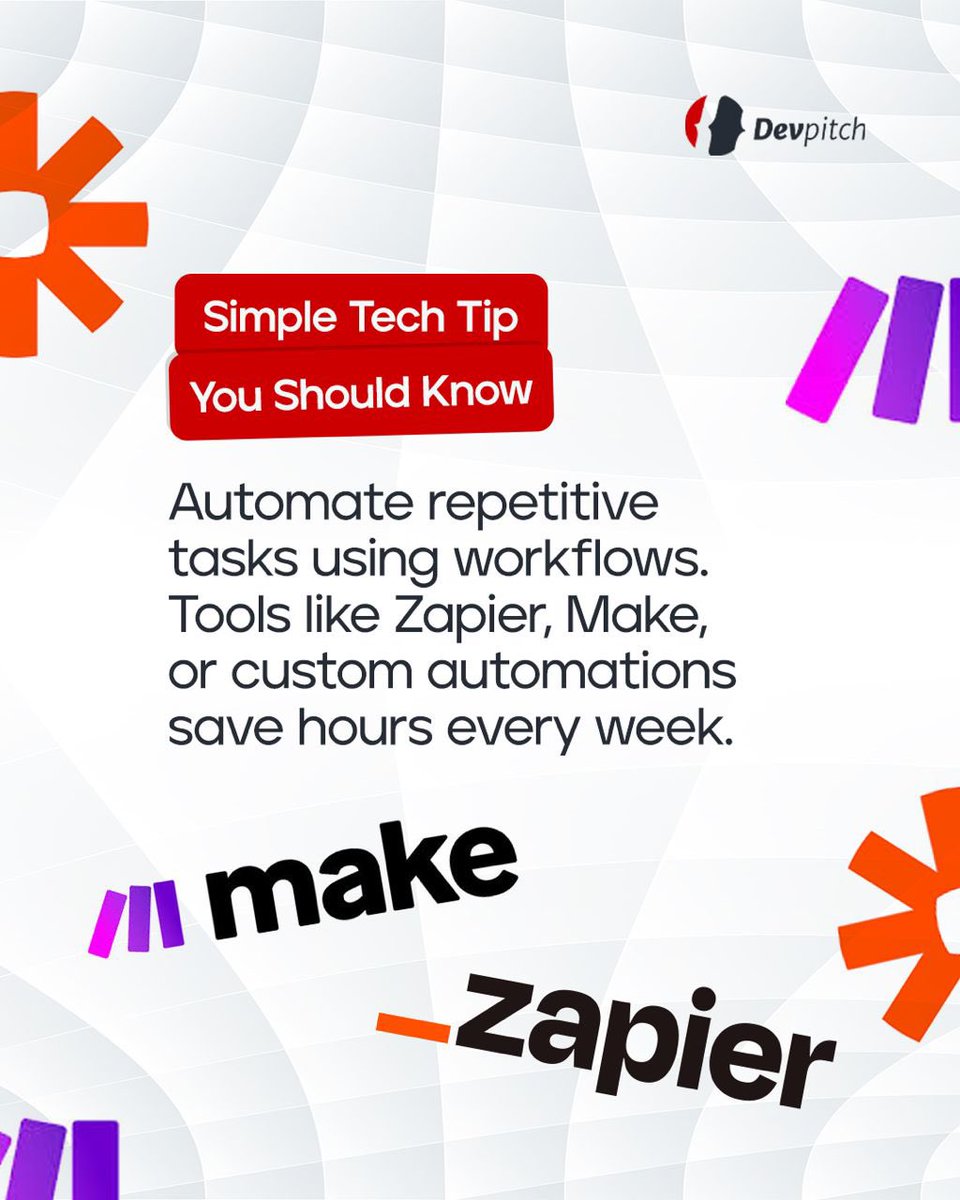 DevpitchCo's tweet image. Simple tech tip that saves hours, not minutes.
If you’re still doing repetitive tasks manually, you’re leaving productivity on the table.

Work smarter, not harder — start automating today.
#TechTips #AutomationTools #Zapier #Make #WorkflowAutomation #Productivity
#TimeManagement