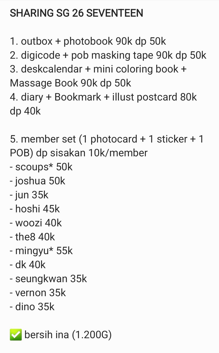 sweeteaaaaid_'s tweet photo. ✨️OPEN SHARING SEASON'S GREETINGS SEVENTEEN 2026✨️

💰Price on pict 
✅Bersih Ina
🏡Go dom Bekasi https://t.co/LUUiCT7EeX