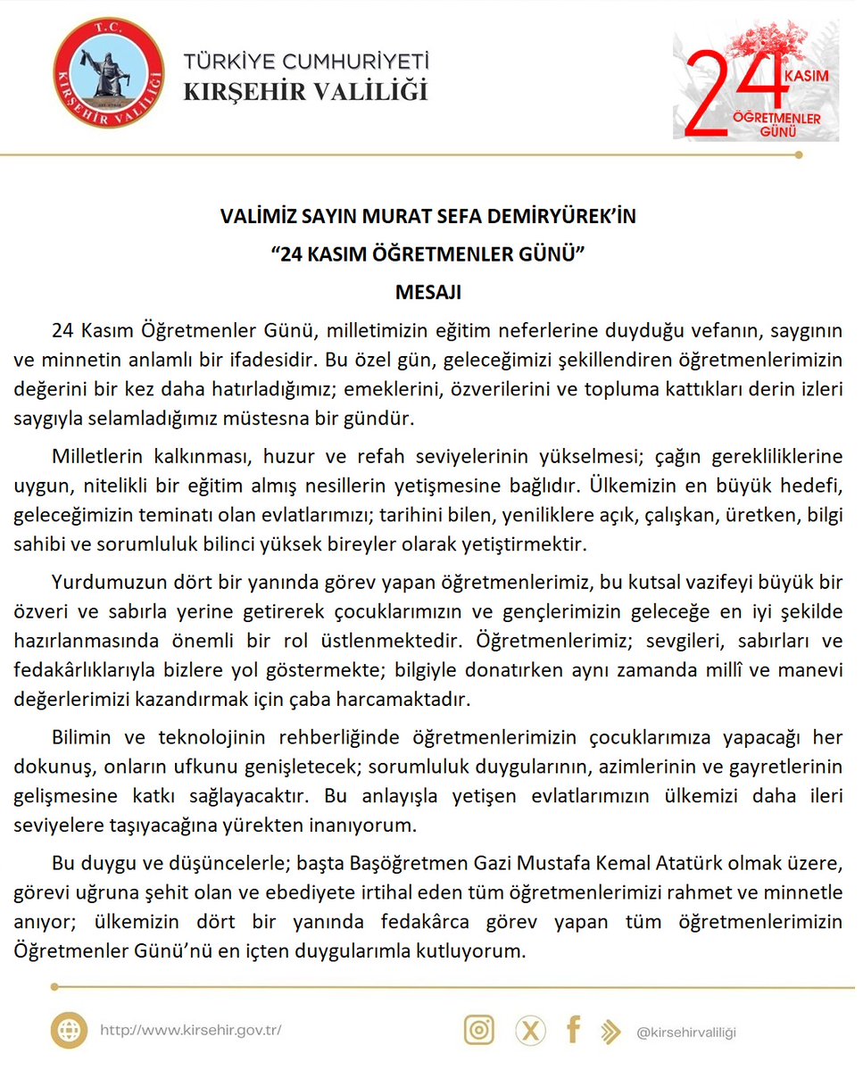 KirsehirValilik's tweet image. Valimiz Sayın Murat Sefa Demiryürek&apos;in &quot;24 Kasım Öğretmenler Günü&quot; Mesajı:
kirsehir.gov.tr/sayin-valimizi…
