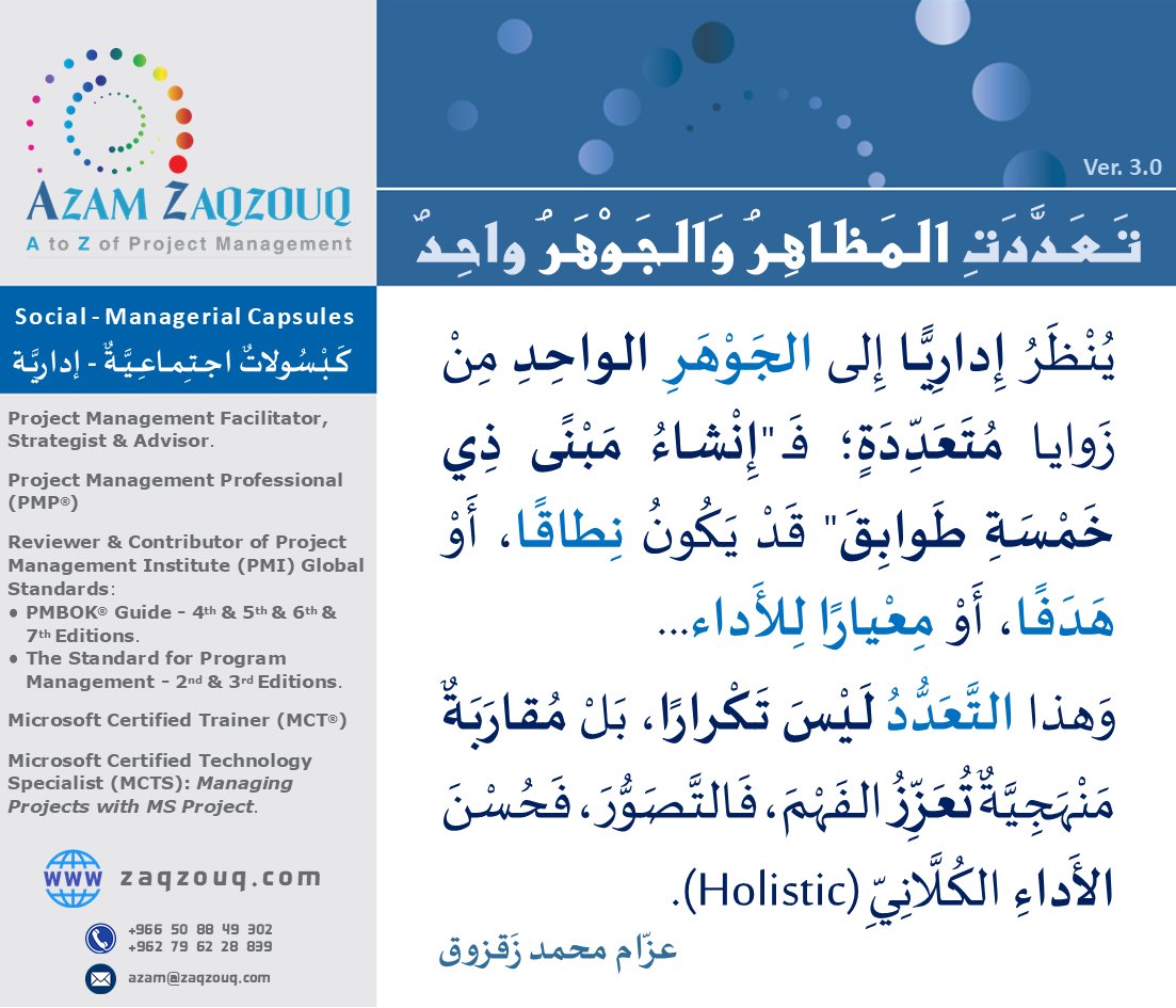 Zaqzouq's tweet image. مهنيًّا؛ النِّطاقُ (Scope) يُنظَرُ إليه، ويُهتَمُّ به، من ثلاث زوايا مُجتَمِعَةٍ: زاويةِ نظرِ العميل؛ حيثُ المُنتَجُ أوِ الخِدمَةُ أو النَّتِيجَةُ، وزاوِيَةِ قِيادَةِ المُنَظَّمَةِ المُؤَدِّيَةِ؛ حيثُ الأهدافُ الإستِراتيجِيَّةُ! وزاوِيَةِ إدارَةِ المشروعِ حيثُ الحصِيلة (Outcome).