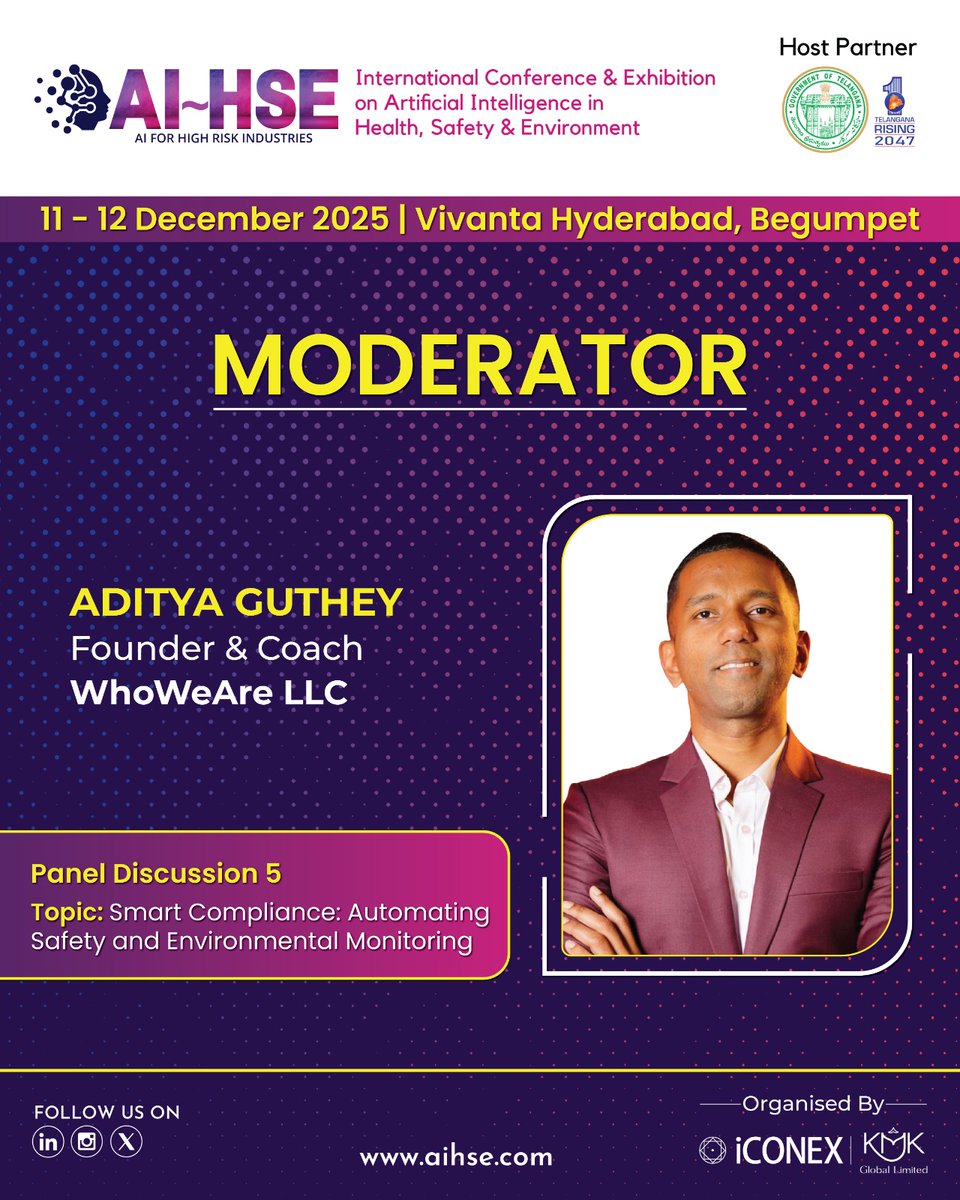 ai_hse_'s tweet image. We are pleased to announce @whowearese, Founder &amp;amp; Coach at Who We Are LLC, as the Moderator for Panel Discussion 5 at the #AIHSE2025.

Topic: Smart Compliance: Automating Safety and Environmental Monitoring.

📅11-12 December 2025
📍Vivanta Hyderabad, Begumpet

#Moderator