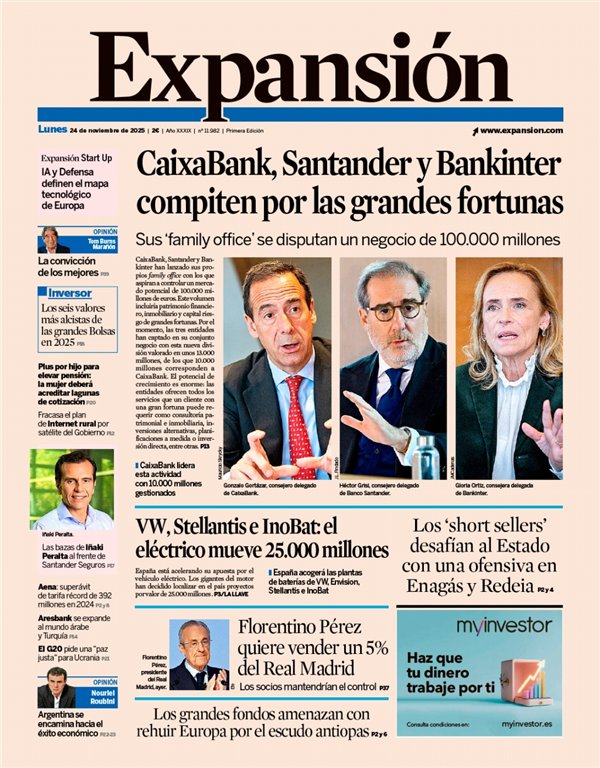Servimedia's tweet image. 💶 #CaixaBank, #Santander y #Bankinter compiten por las grandes fortunas

✂️Plan del #Gobierno para recortar 2.600 millones la #cogeneración 

🗞️temas en las #Portadas 👇