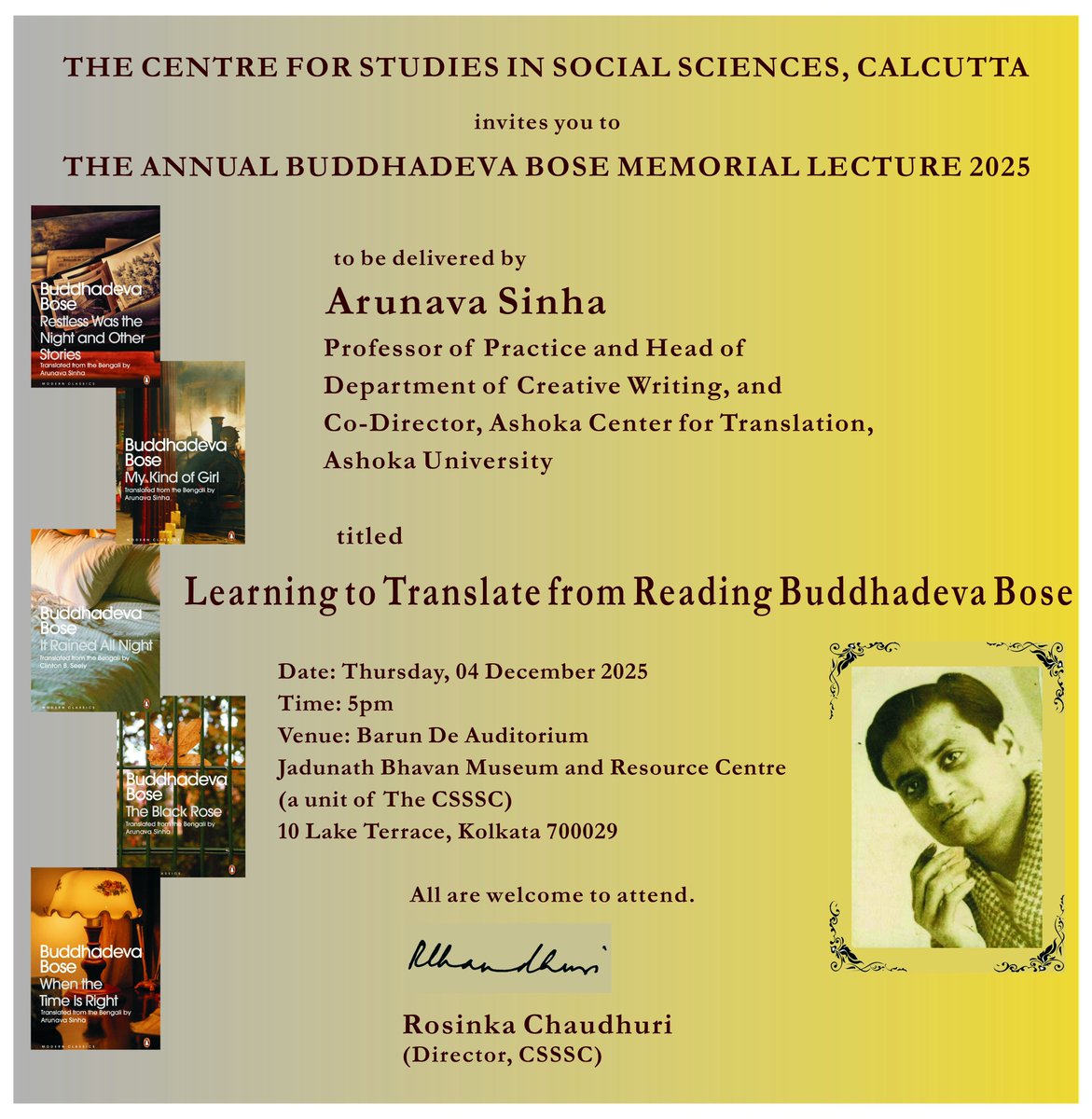 CSSSCal's tweet image. THE ANNUAL BUDDHADEVA BOSE MEMORIAL LECTURE 2025 is to to be delivered by Arunava Sinha on 4 Dec 2025.