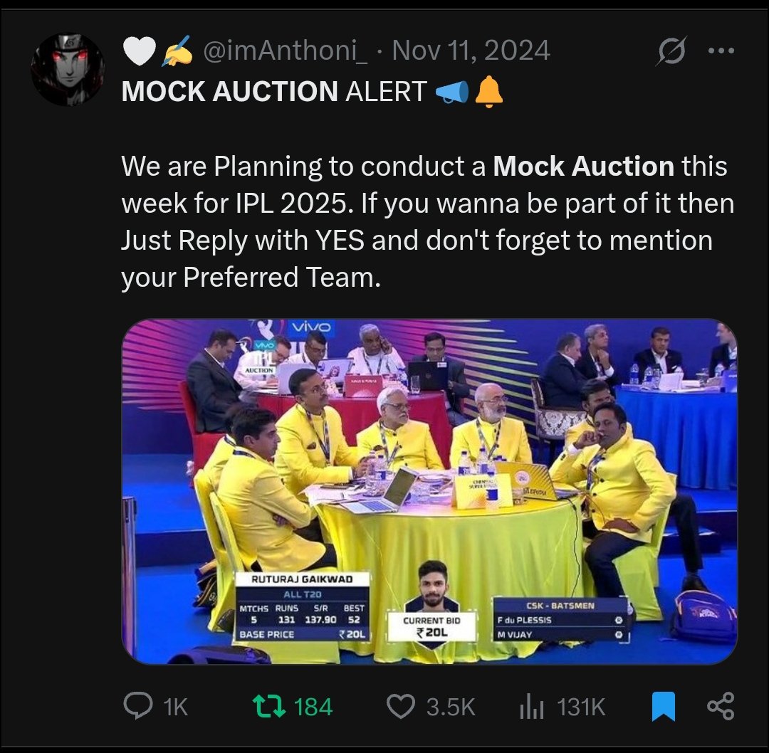 imAnthoni_'s tweet image. MOCK AUCTION IS BACK AGAIN 🔔

We&apos;re planning to conduct another one If you wanna be a part of it then drop a YES and your team in the comments and don&apos;t forget to RT and follow ☑