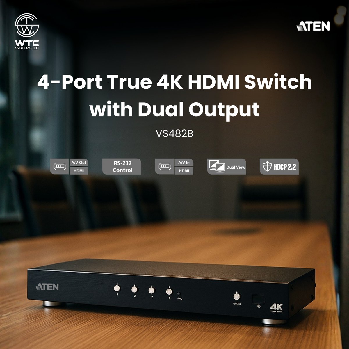 WTC_SYSTEMS_LLC's tweet image. The ATEN VS482B – 4-Port True 4K HDMI Switch with Dual Output is a professional-grade switching solution designed to connect up to four HDMI sources and distribute them to two 4K displays. 

#HDMISwitch #DualOutput #AVSolutions #CorporateAV #DigitalSignage
#4KDisplay #AudioVideo
