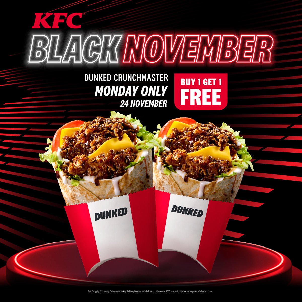 Black November starts today with the Dunked Crunchmaster!
Buy one and get one FREE when you order the Dunked Crunchmaster online only!
App: bit.ly/4eiyreX
Website: kfclesotho.com/en/menu