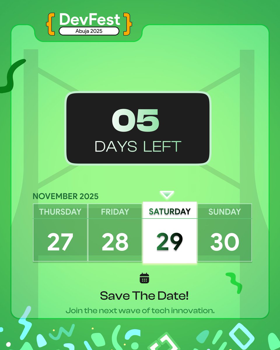 High five! 🖐️
We are just 05 DAYS away from #DevFestAbuja2025!

The excitement is peaking. We are ready to host the biggest tech festival in the capital. Are you ready?

🗓️ 29th Nov
📍 HillSide Events, Abuja
#DevFestAbuja #DevFestAbuja2025