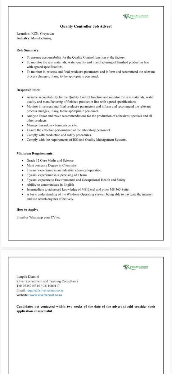 RMakukuli's tweet photo. Quality Controller – Manufacturing (Greytown, KZN)

A vacancy exists for a Quality Controller within the manufacturing sector in Greytown, KwaZulu-Natal.

Minimum Requirements:
• Grade 12 with Core Maths and Science
• Degree in Chemistry
• 3 years’ experience in an industrial chemical operation
• 3 years’ supervisory experience
• 3 years’ exposure to Environmental & Occupational Health and Safety
• Intermediate to advanced MS Excel + MS 365 skills
• Basic understanding of Windows OS, internet navigation & search engines

How to Apply:
📧 Email your CV to: lungile@silverrecruit.co.za

📱 WhatsApp / Call: 073 591 5315
☎️ Tel: 031 100 0117
🌐 Website: https://t.co/ZzABBG3bm3

(Contact person: Lungile Dlamini, Silver Recruitment and Training Consultants)

🔁 Share this post — someone may need this opportunity!
📲 Follow Aramide Careers SA for daily verified job updates across South Africa 🇿🇦