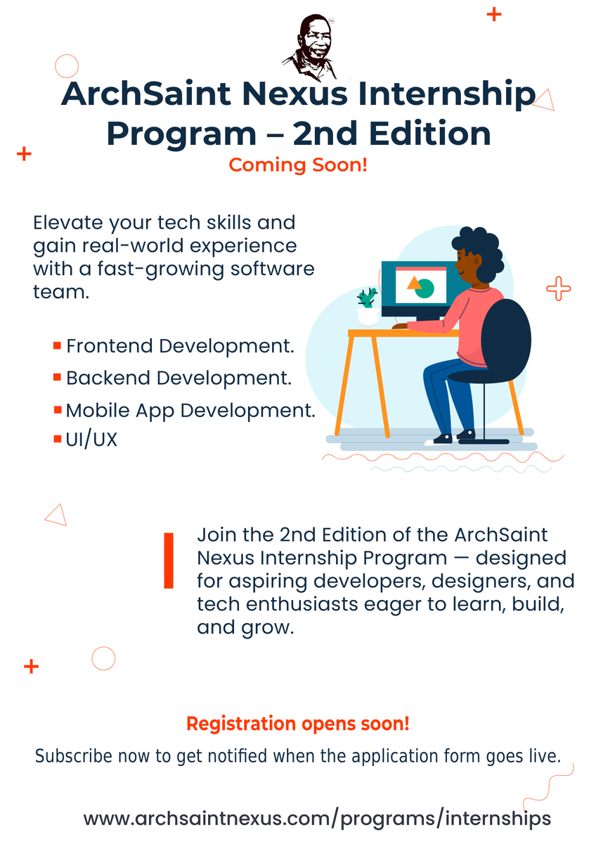 ArchsaintNexus's tweet image. Internship Alert

The 2nd Edition of the ArchSaint Nexus Internship Program is almost here, and we’re opening the doors soon!

Want early access and exclusive updates?
📩 Subscribe to our newsletter:
 archsaintnexus.com/programs/inter…

#InternshipProgram #TechInternship #InternshipAlert