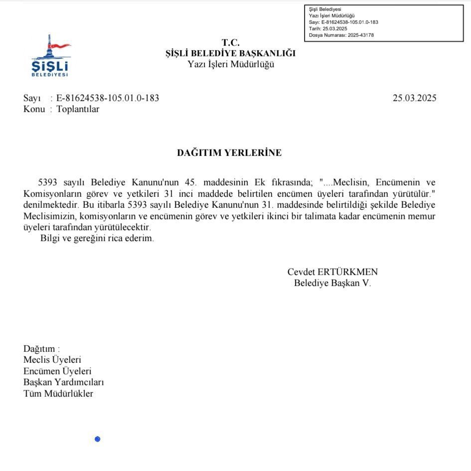 25 Mart 2025 tarihinde Şişli Belediye Başkanımız <a href="/REmrahSahann/">Resul Emrah Şahan</a>’ın makamını gasp eden Şişli Kayyumu’nun ilk icraati aşağıdaki yazıyla Belediye Meclisimizin yetkilerinin gasp edilmesi olmuştu.

Bu haksız karara karşı <a href="/sislichpgrubu/">Şişli CHP Meclis Grubu</a> tarafından İdari İşlemin İptal Davası açılmıştı.