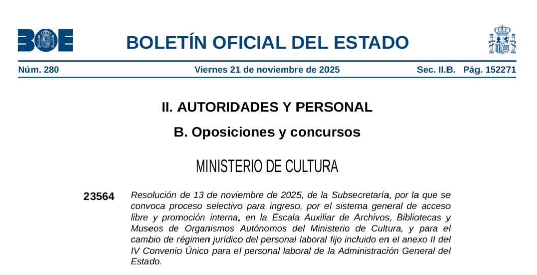 📢Abierta convocatoria de procesos selectivos para la Escala #Auxiliar de #Archivos, #Bibliotecas y #Museos de Organismos Autónomos del <a href="/culturagob/">Ministerio de Cultura</a>📢

-Acceso libre Archivos: 25 plazas
-Promoción interna Archivos: 24 plazas
🗓️Hasta el 22 de diciembre

🔗cultura.gob.es/servicios-a-la…