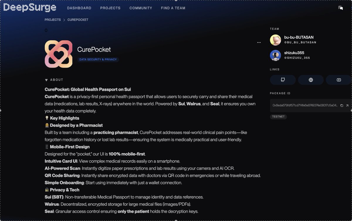 提出完了✨️
薬剤師ならではの視点でWalrus×Seal×Suiで作ったCurePocket🏥
間に合ったぁぁぁぁぁ✨️Oneのハッカソンに参加しなかったら参加しようと思わなかったと思うから、感謝🙇
<a href="/WalrusProtocol/">Walrus 🦭/acc</a> 
<a href="/theharrisonkim/">Harrison walrus hcktn BEGINS! walrus.xyz/haulout</a> 
<a href="/bubuBUTASAN_sui/">🐷BUTASAN 💧SUIperCHAT | 🐕️Inuverse @UnagiLabs🐟️</a>