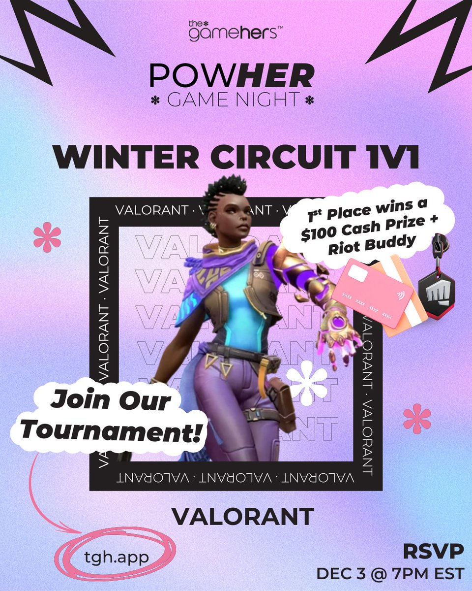 thegamehers's tweet image. Our VALORANT Winter Circuit 1v1 Tournament continues on Dec. 3 🏆❄️ FREE to join from our app, all skill levels welcome! 🎮 Challenge players in 1v1s to win a $100 cash prize💰 and an exclusive Riot Buddy🔑, plus extras for special challenges! 🎁 RSVP today (🔗 in bio!)