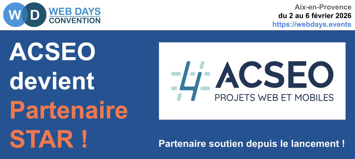 WebDaysEvents's tweet image. 🎉 @acseo devient partenaire STAR des #WebDays

Partenaire STAR 3 étoiles (Backend) + STAR 1 étoile (Marketing)

🎁 @acseo offre 4 tickets solidaires !
👉 Rencontre les sur leur stand Marketing (le lundi) et Backend (le jeudi)

👀 Découvre @acseo : webdays.events/2026/partenair…

1/3