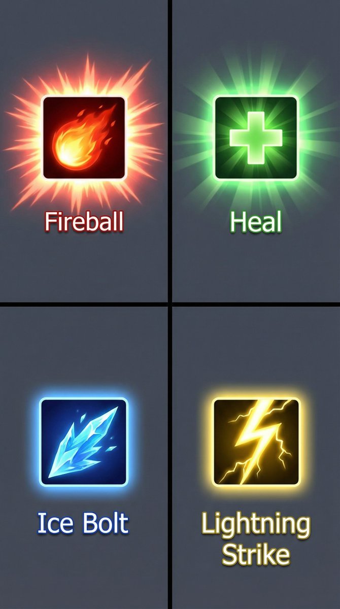 KanaWorks_AI's tweet image. 🐰インディーゲーム開発のみなさんへ🎮
ずっと課題だった 「アートアセット不足」——
その一部を解決できそうな道が見えてきました。
今後も継続して情報を共有していきます。😊
Nano Banana Pro–Prompt Share⑬
16 basic RPG skill effects with preview images.

2025.11.24
@higgsfield_ai
on…