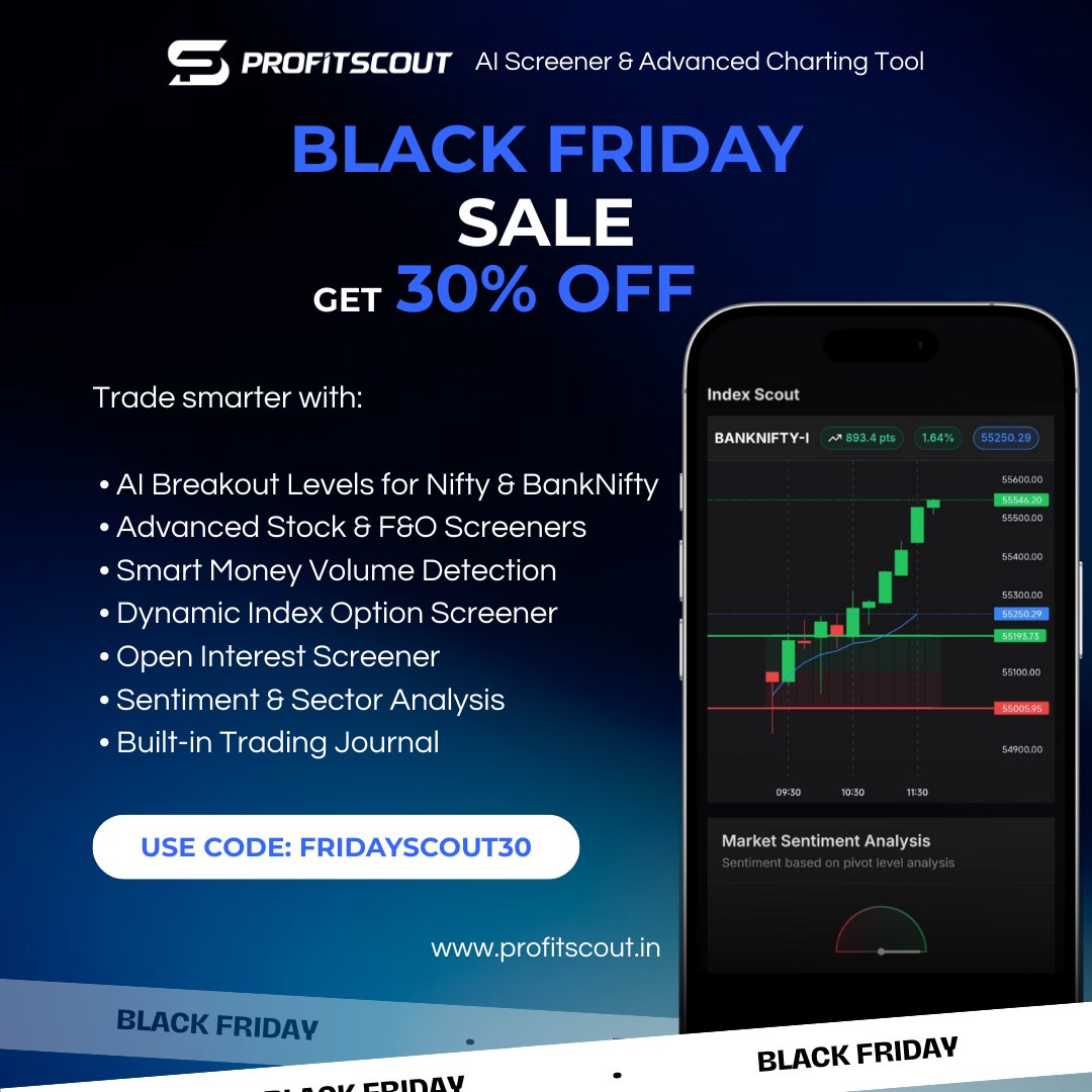 csankalp's tweet image. Black Friday Sale is LIVE 🔥 

Your favourite @_Profitscout Tools -

Index Scout 
Stock Scout 
Sector Scout 

and more are now on 30% OFF

Use code FRIDAYSCOUT30 to avail before the offer ends 

📊 app.profitscout.ai/plans