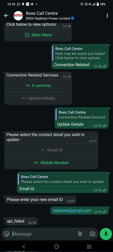rsjaiswal's tweet photo. @bsesdelhi 
It's good that you have a whatsapp based customer care service but that's good for nothing if Every time I apply for anything, the api gets failed. Let me know once it's up. https://t.co/kctnucJ7HP