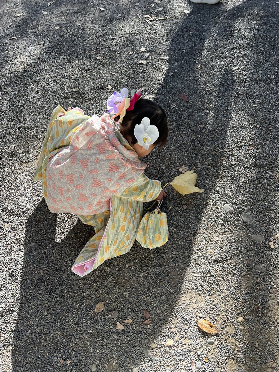 naobobundee's tweet photo. インスタで見かけた素敵な貸衣装屋さんの着物。でも受け付けてる予約はもう来春のだったから、生地真似して作った😂
🌷大好きな娘も大喜び😚

が！娘お転婆すぎて、座り込んで小石を集めたり、鳩追いかけたり、葉��ぱや枝拾ったり、髪飾り壊したり…私も旦那も追いかけ回してぐったり…😂

#753 https://t.co/i73zy5SV69
