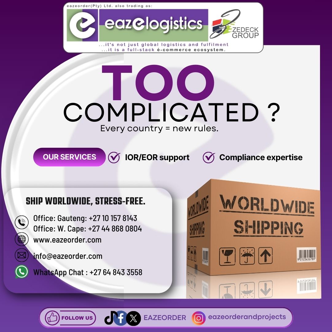 🚚 Eazelogistics 
Global Logistics &amp; Fulfilment? We go beyond.
Welcome to your full-stack e-commerce ecosystem.🌍 INTERNATIONAL SHIPPING GOT YOU STUCK?
Every country = new rules.
We simplify the chaos with:
•   IOR/EOR Support
•   Compliance Expertise
•   End-to-End Fulfilment