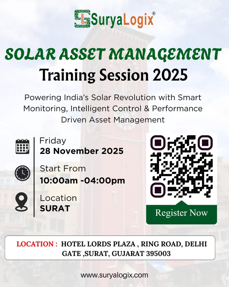 Suryalogix's tweet image. ⚡ Power up your solar skills with practical WMS, SCADA, PPC &amp;amp; BESS learning!

📅 28 Nov • 🕒 10–4 PM • 📍 Surat

🚀 Limited seats — Register now: lnkd.in/dYnw-2yH
#SolarTraining #SuryaLogix #SmartSolar