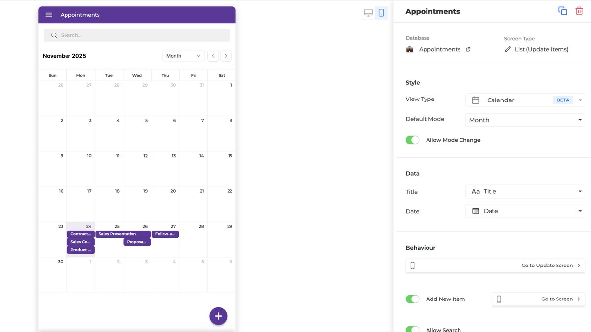 📅 Introducing Calendar View on NotionApps

We are excited to announce that the BETA version of the calendar view is now live on NotionApps. You can enable it in the “View Type” dropdown of any List screen.

Check it out and share your feedback or suggestions for improvements!