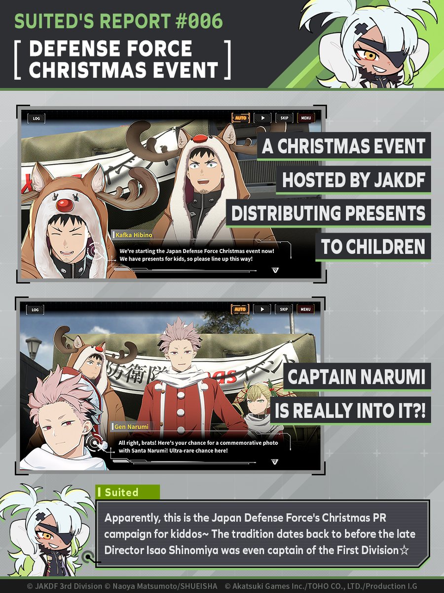 ◤ 　  SUITED'S REPORT #006
　─ JAKDF CHRISTMAS EVENT ─   ◢

Suited reports on a key Defense Force mission to protect people's happiness☆

See our officers tackle a task totally outside their usual skillset! Will they pull off a Christmas miracle?

Main Story Chapter 6 drops