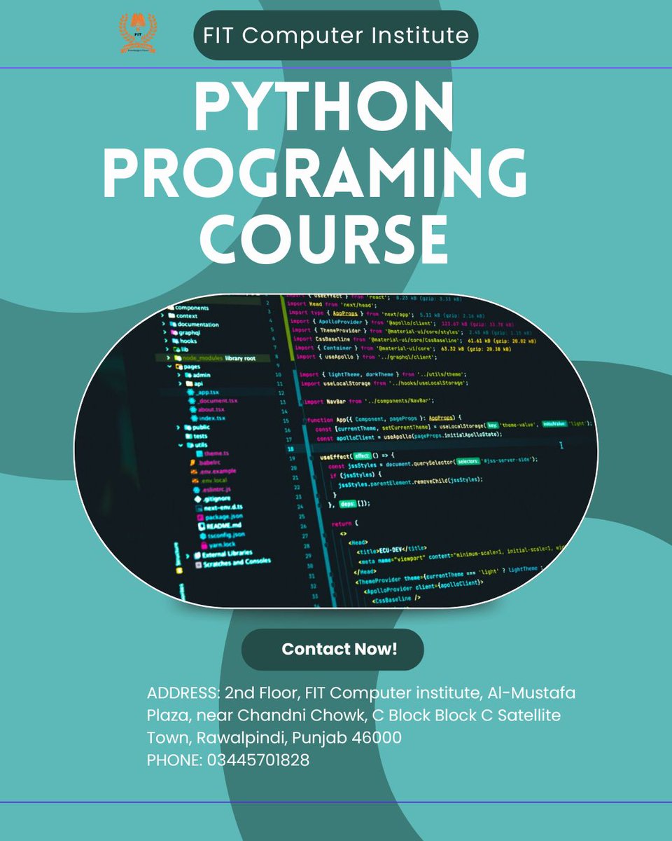 FitComputer's tweet image. Python Programing Course In Rawalpindi And Islamabad
futureittechnology.com/All-Courses-Li…
futureittechnology.com/python-program…...
ADDRESS: 2nd Floor, FIT Computer institute, Al-Mustafa Plaza, near Chandni Chowk, C Block Block C Satellite Town, Rawalpindi, Punjab 46000
PHONE: 03445701828