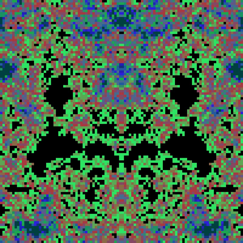 PatternRandom's tweet image. Low-res mirrored palettewalk
iterations=19120,levels=14,seed=1253117498,cols=6,c1=2ce461,c2=b0373a,c3=4b619c,c4=14b340,c5=2e14e8,c6=004140