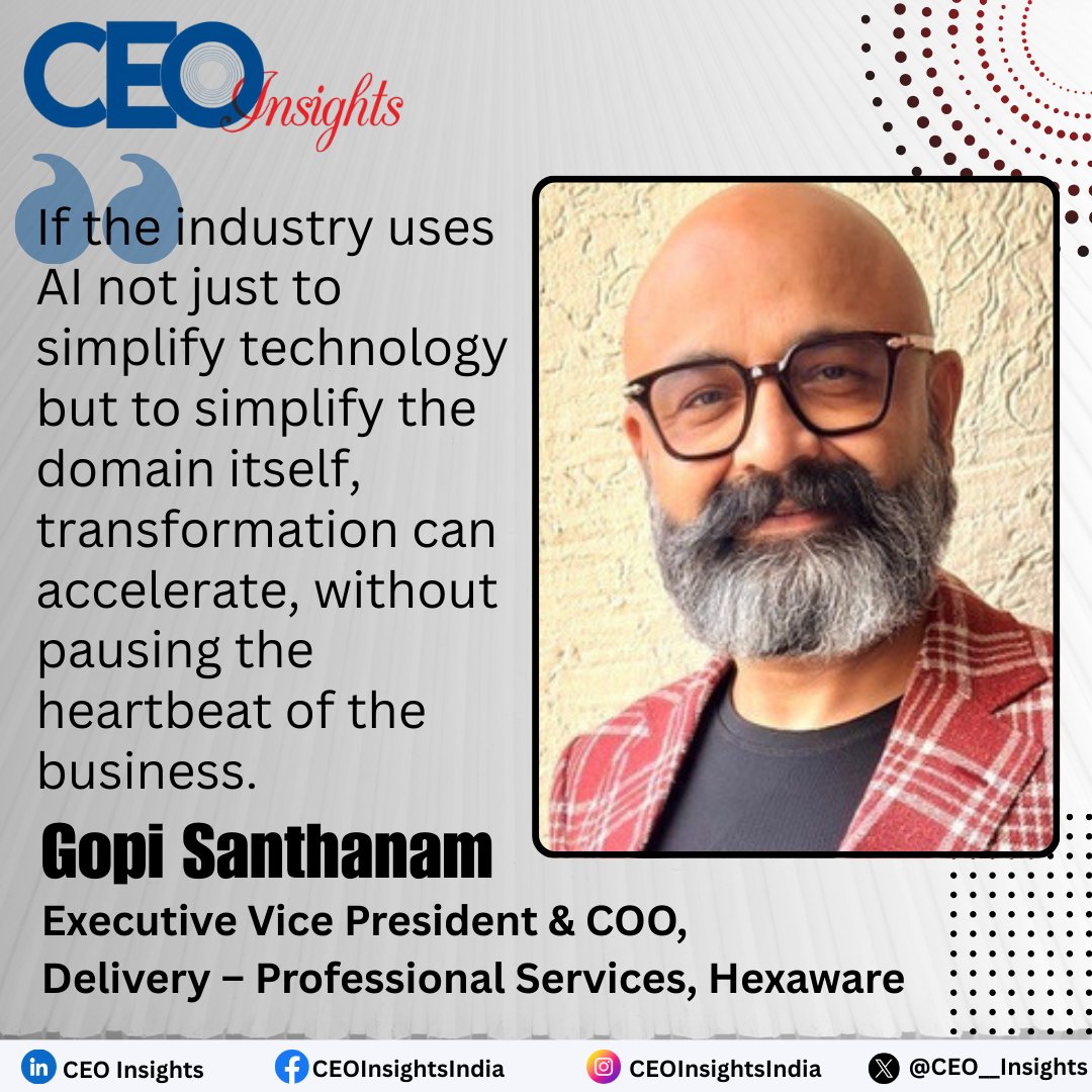 CEO__Insights's tweet image. The AI-Powered Professional Services Reset

Gopi Santhanam, Executive Vice President &amp;amp; COO, Delivery – Professional Services, @HexawareGlobal

Read More: lnkd.in/d2ZKJqcR

#Servicesenterprises #innovativetech #generativeAI #investmentsandinnovation #ITservicesproviders