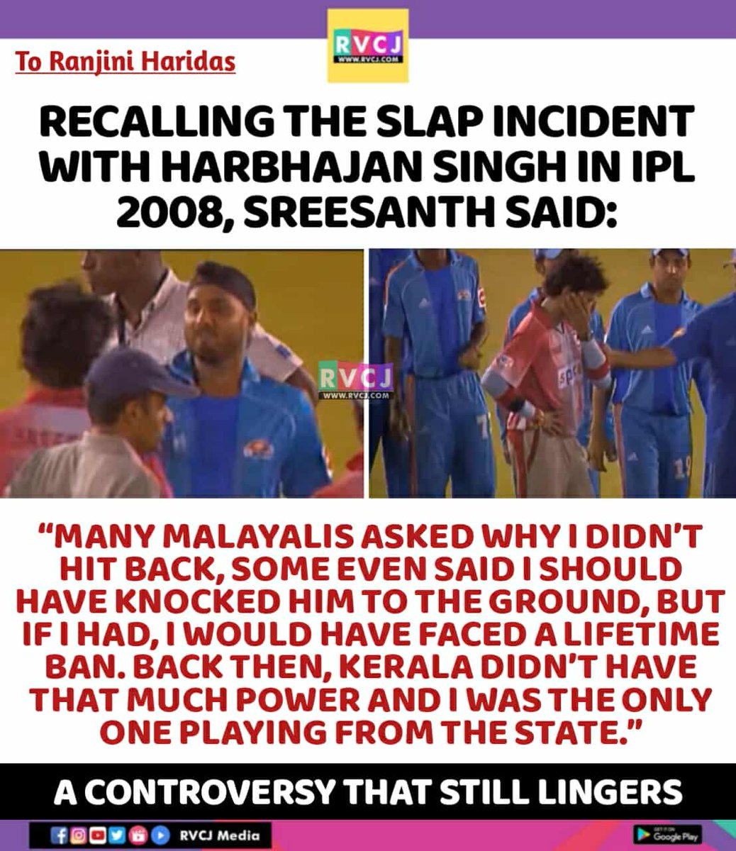 RVCJ_Sports's tweet image. The IPL 2008 slapgate still echoes in cricket history! Sreesanth’s restraint showed true character despite controversy. Some moments change careers forever. 🏏🤐
#Sreesanth #HarbhajanSingh #IPL2008 #CricketControversy #SlapGate