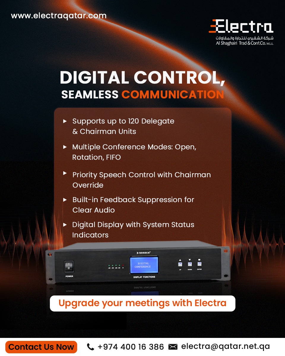 electraqatar1's tweet image. Power up your conferences with smarter, clearer, and more efficient communication.
Experience the difference with Electra’s advanced digital control systems.

#ElectraQatar #ConferenceSystem #DigitalControl #SeamlessCommunication #AudioSolutions #MeetingTechnology #ProfessionalAV
