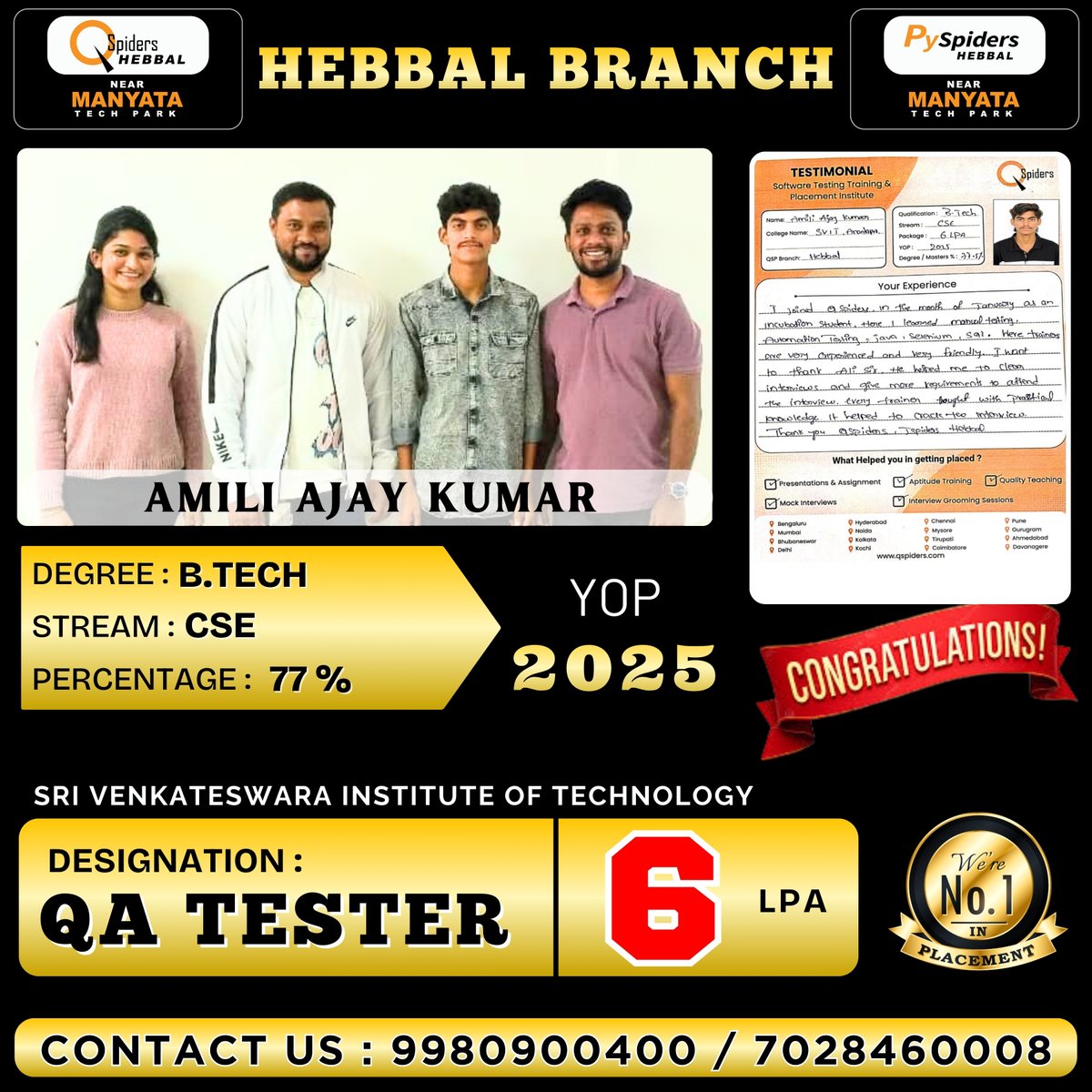 QspidersHebbal's tweet image. A big shoutout to Amili Ajay Kumar for landing a QA Tester role from QSpiders Hebbal! Your perseverance has led you to this exciting opportunity. 🚀 What advice would you give to others aspiring to follow in your footsteps? #QA #JobPlacement #Inspiration