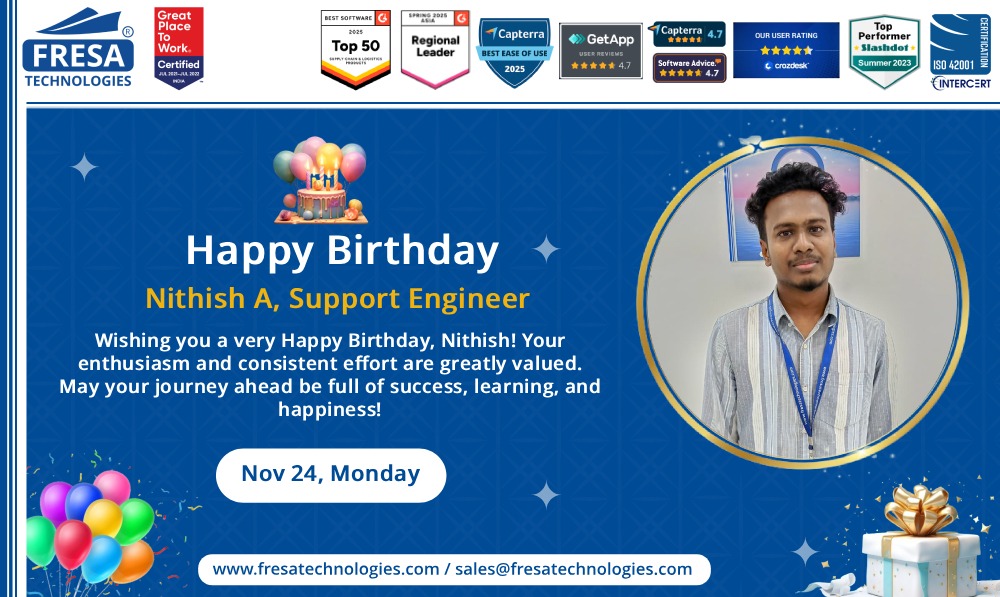 fresatechnology's tweet image. 🎊 Wishing you a very Happy Birthday, Nithish! 

🔗 Visit us: fresatechnologies.com

#FresaTechnologies #FreightForwarding #ERPforLogistics #SupplyChainTech #FresaGoldERP #SeamlessOperations #DigitalFreight #FreightSolutions #BirthdayWishes #CheersToSuccess #CelebrateGrowth