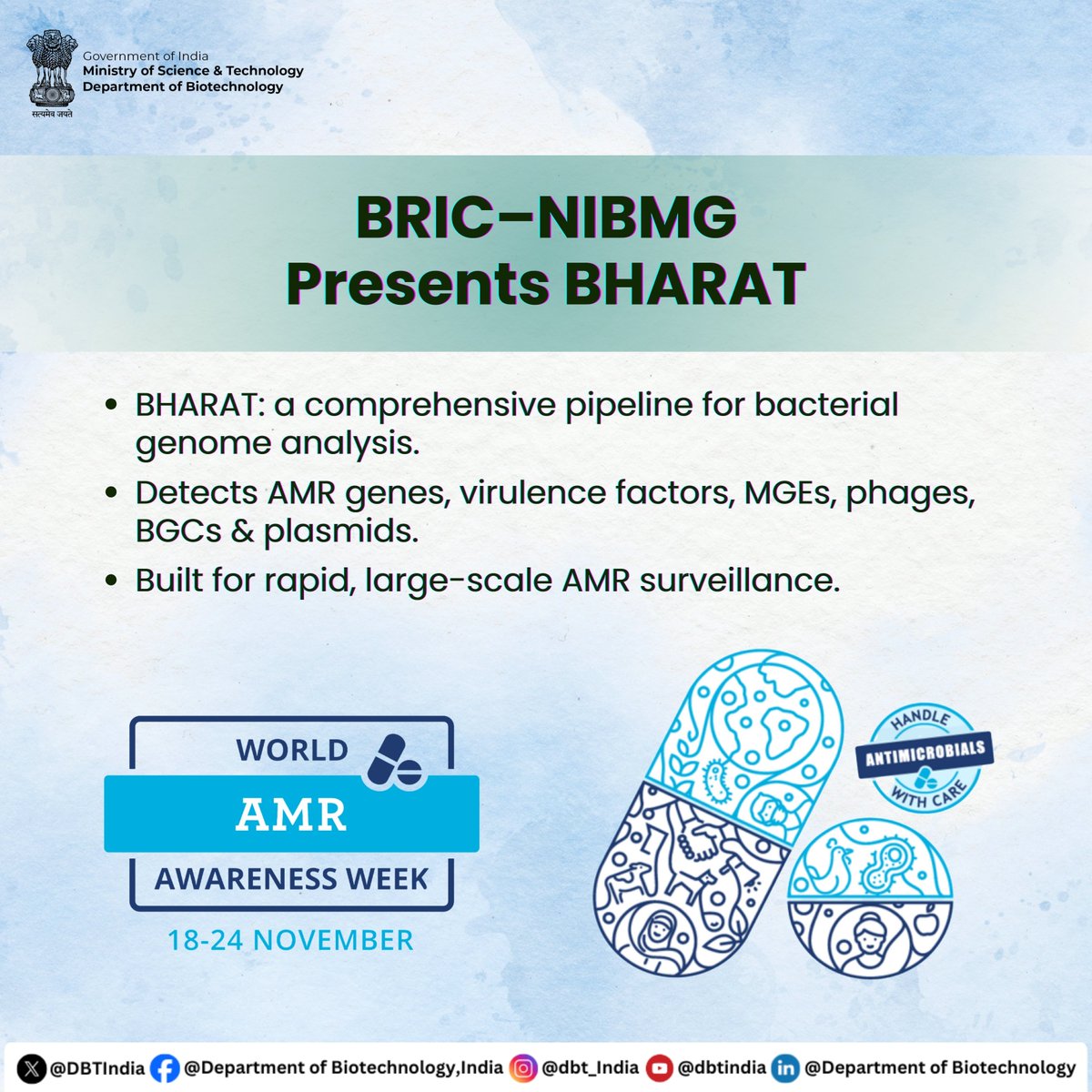 DBTIndia's tweet photo. India’s fight against AMR gets a major boost.

Introducing BHARAT, India’s own powerful genome analysis pipeline.

From AMR genes to virulence markers — lightning-fast insights for One Health surveillance.

#AMRWeek #OneHealth  #DBTIndia #AMR 

@DrJitendraSingh
@rajesh_gokhale 
@BricDbt 
@NImmunology 
@HydNiab
@unescorcb
@bric_ils
@ICMRDELHI
@MoHFW_INDIA