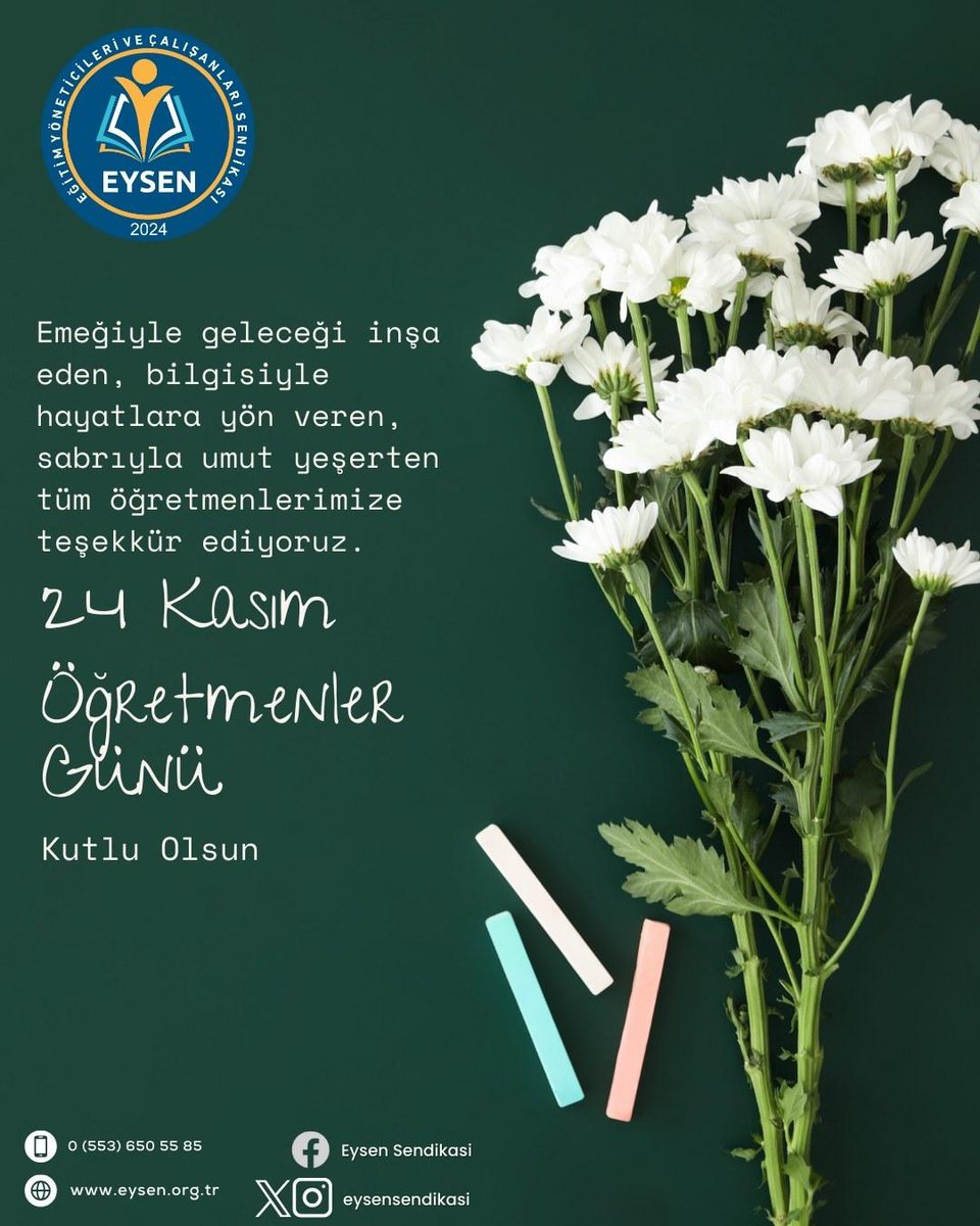 Emeğiyle geleceği inşa eden, bilgisiyle hayatlara yön veren tüm Öğretmenlerimizin 24 Kasım Öğretmenler Günü kutlu olsun. 
İyi vi varsınız. 
Ayhan GÖKKAYA
EYSEN Genel Başkanı