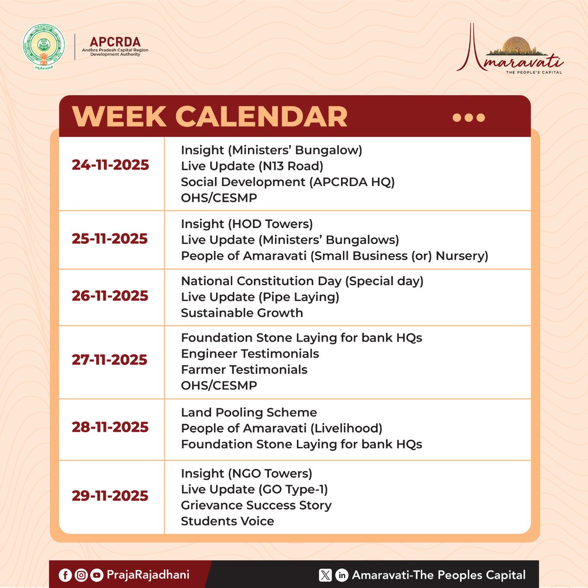 PrajaRajadhani's tweet image. Here is this week’s social media updates calendar!
🤝 Stay connected for regular highlights, announcements, and key developments.
🫶 Follow along for more updates—every week, every step forward.
#APCRDA #Amaravati #WeeklyUpdates #DevelopmentUpdates #StayConnected #AndhraPradesh