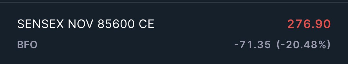 Trend__Masters's tweet image. #POSITIONAL #RISKY

Risk : 2000-2500 Per Lot Max

SENSEX 85600 CE (Nov Expiry)
CMP is 260-285
Can hit 380/490/750+ 
SL 110

Disclaimer : This is a #RISKY Position. Kindly Follow Your own risk management. Not a Advice to anyone.