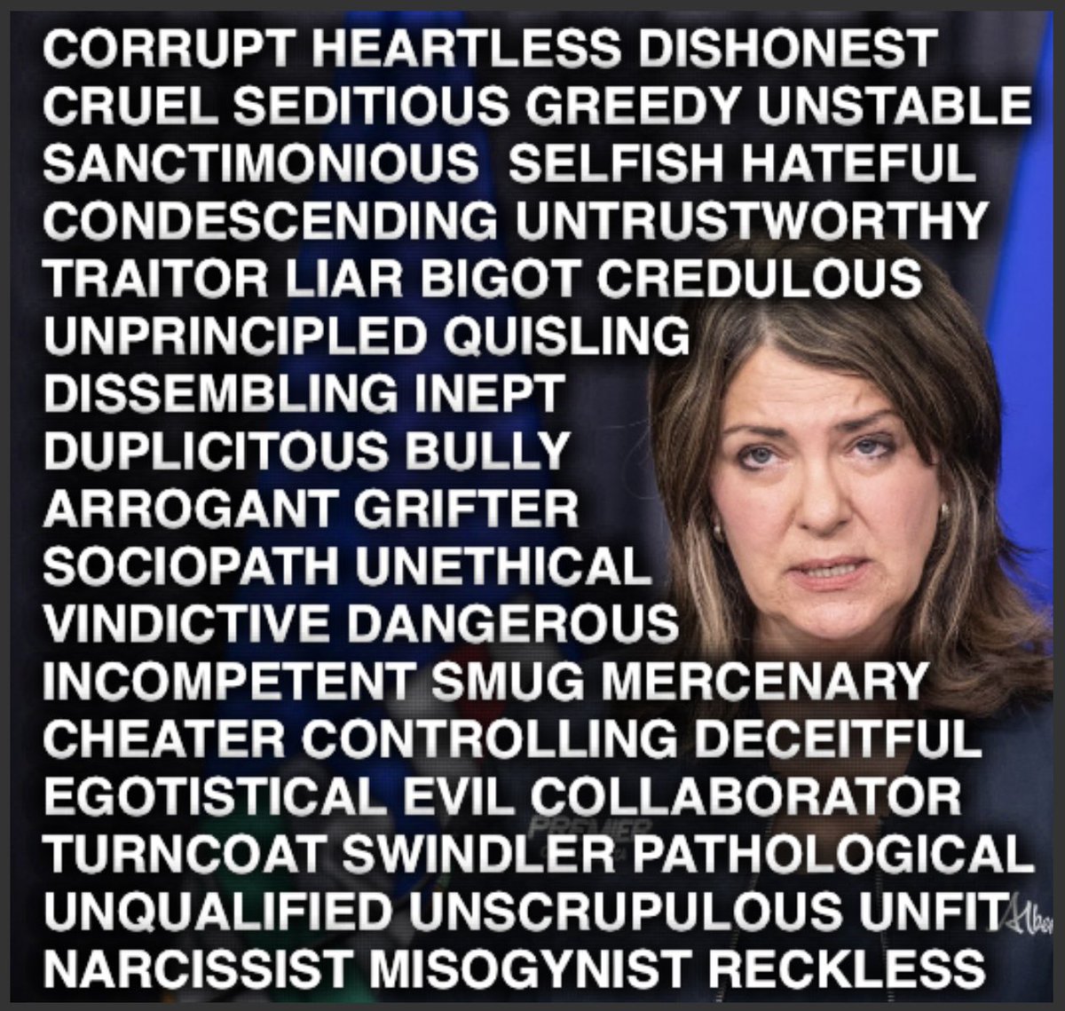 <a href="/bound_berta/">Berta Bound🇨🇦</a> Whatever needs to happen to get rid of Smith and the UCP,  I am all in favour .
Not a normal govt 
A criminal organization 
Corruption beyond belief 
Autocracy 
Meddling in the justice system 
Attacking, stripping human rights
Making up laws to please themselves 
#RecallThemAll