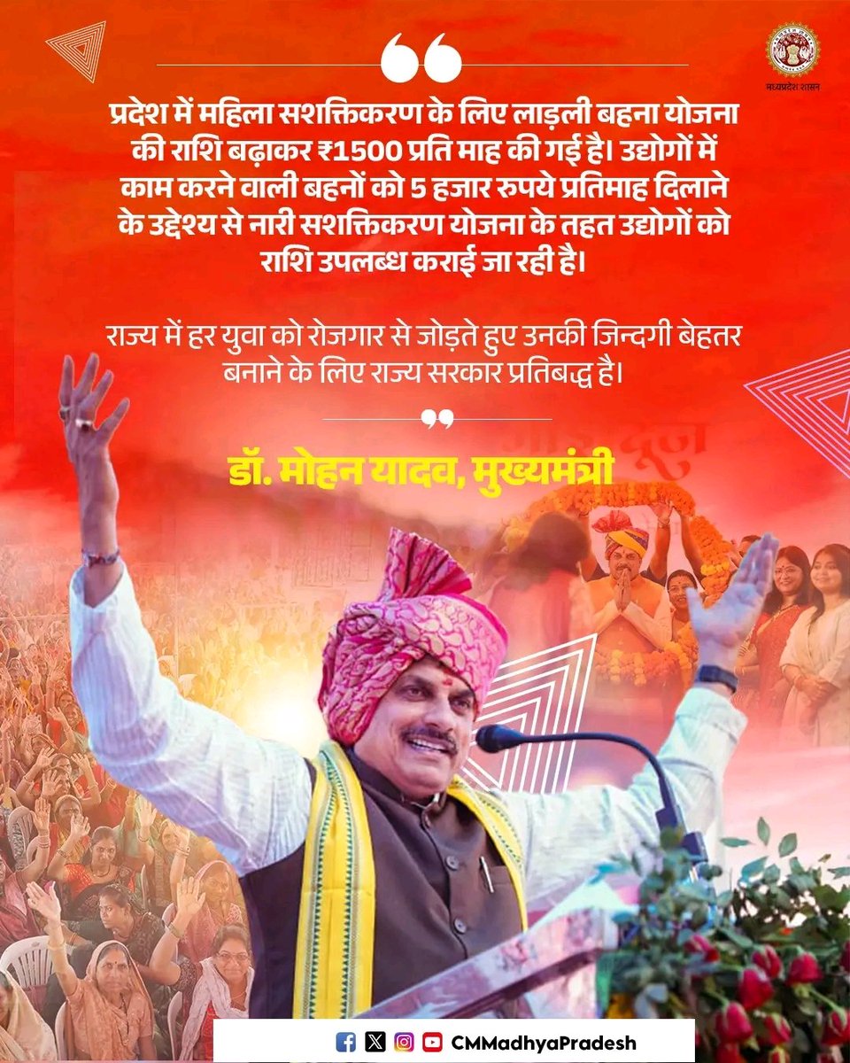 RakshaSantram's tweet image. प्रदेश में महिला सशक्तिकरण के लिए लाड़ली बहना योजना की राशि बढ़ाकर ₹1500 प्रति माह की गई है - CM

#MadhyaPradesh #drmohanyadav #MadhyaPradesh #CMMadhyaPradesh #BJP4MP #Rakshasantramsaroniya