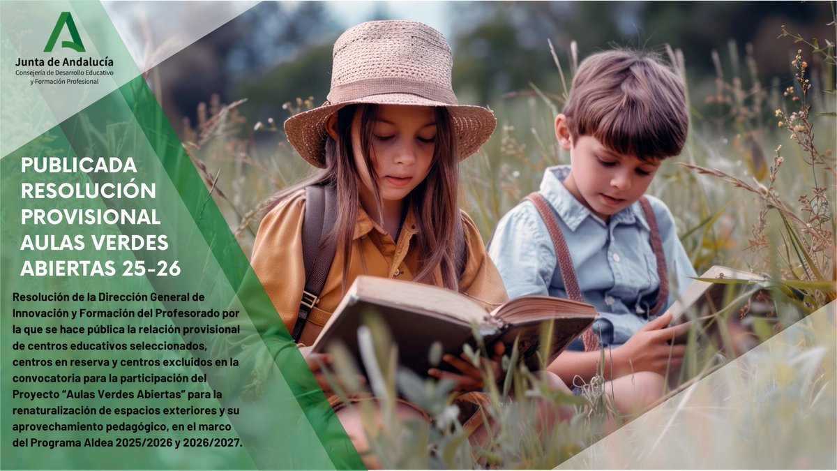 🍃Publicada Resolución de la Dirección General de Innovación y Formación del Profesorado, por la que se aprueban las listas provisionales del Proyecto Aulas Verdes Abiertas para el curso 25/26

ℹ️Más info👉lajunta.es/63vbr

<a href="/EducaAnd/">Consejería Desarrollo Educativo y FP</a>