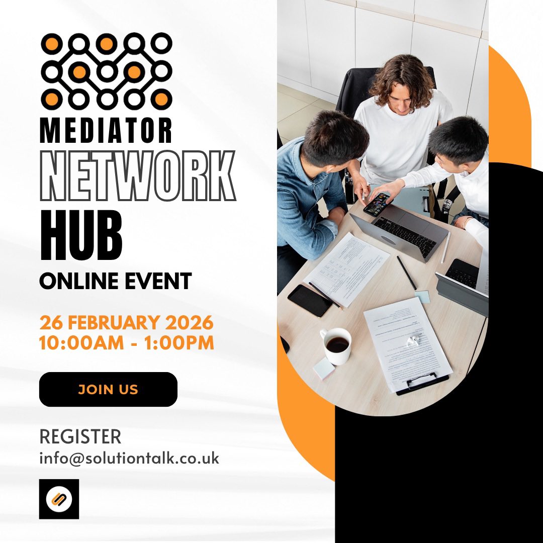 solutiontalkuk's tweet image. Save the date!

Our next free #Mediation Network Event takes place on 26 Feb -  a welcoming online space to connect, share insights &amp;amp; support one another through meaningful discussion

Email info@solutiontalk.co.uk to book your place

#SolutionTalk #MediatorNetworkHub