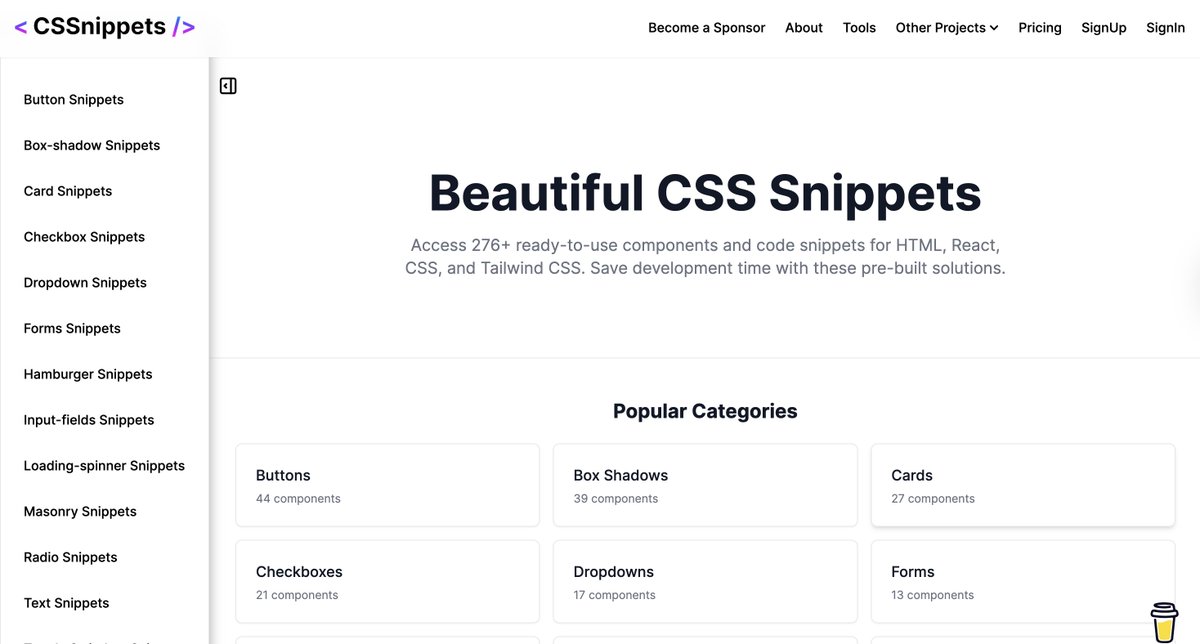 Shefali__J's tweet image. 🎯CSSnippets

CSSnippets is a collection of useful code snippets for HTML, React, CSS, and Tailwind CSS. It has ready-made code for things like buttons, box-shadows, cards, checkboxes, dropdowns, and more. Developers can quickly copy these snippets.
cssnippets.shefali.dev