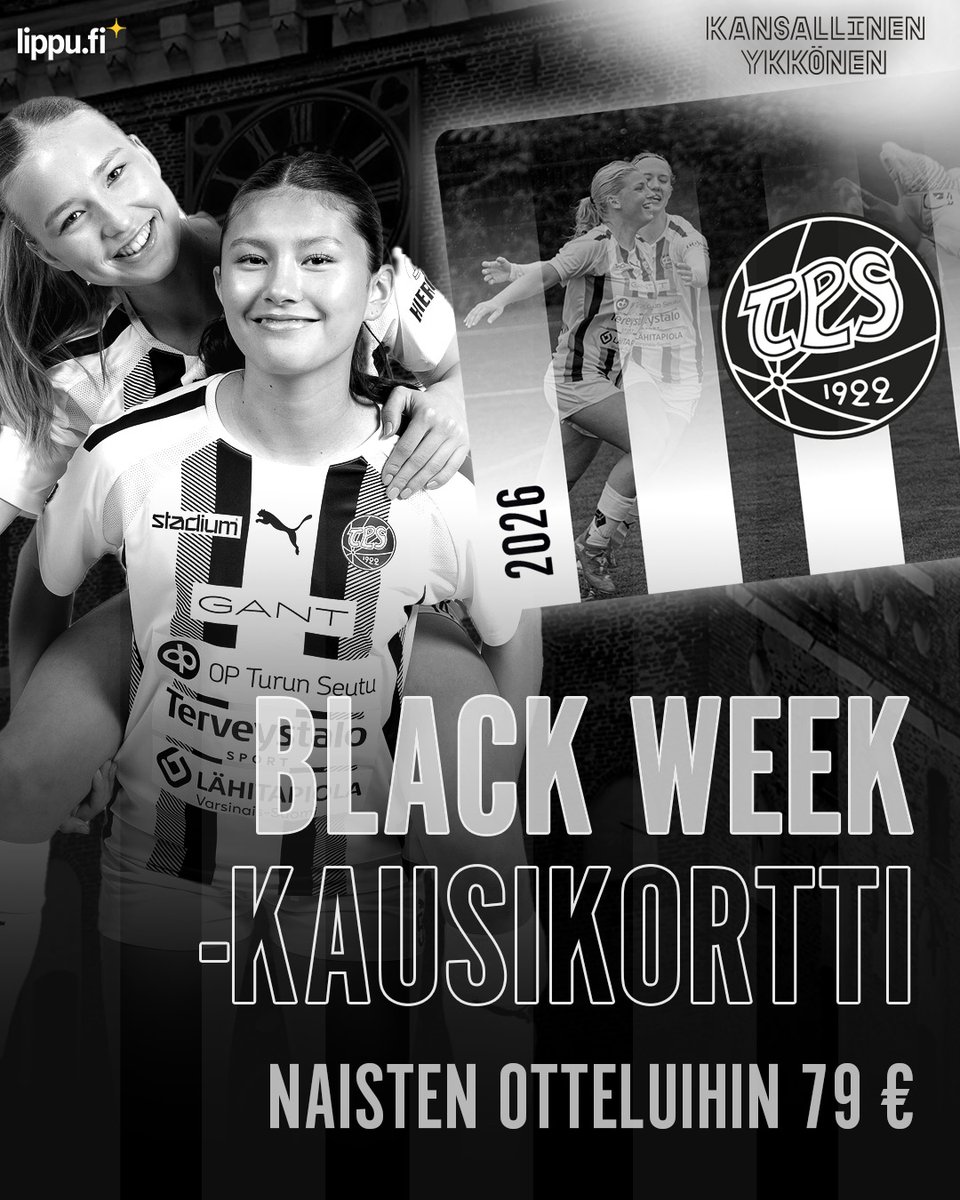 Naisten Black Week -kausikortti nyt myynnissä hintaan 79 €! Tarjous on voimassa 30.11.2025 asti – nappaa omasi ennen kuin pilli soi kolmesti! ⚽

Tästä ostoksille 👉 lippu.fi/event/tps-jalk…