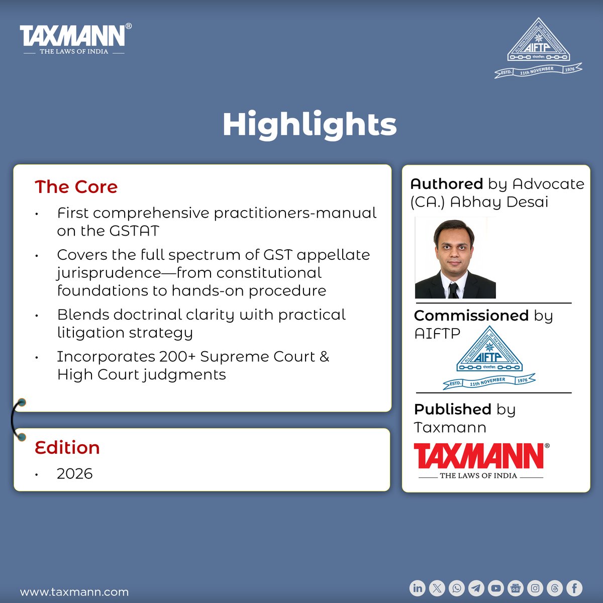 taxmannindia's tweet image. A Complete Manual for GSTAT—Structure, Jurisdiction, Appeals &amp;amp; Practice
Includes 200+ Case-laws, Filing Procedures, Pre-deposit Rules &amp;amp; AI-driven Insights.

Preview: taxmann.social/LfEzx

Like it? Buy now with Free Expedited Shipping &amp;amp; get a Limited Period Discount!…