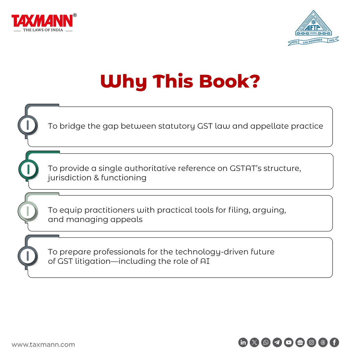 taxmannindia's tweet image. A Complete Manual for GSTAT—Structure, Jurisdiction, Appeals &amp;amp; Practice
Includes 200+ Case-laws, Filing Procedures, Pre-deposit Rules &amp;amp; AI-driven Insights.

Preview: taxmann.social/LfEzx

Like it? Buy now with Free Expedited Shipping &amp;amp; get a Limited Period Discount!…