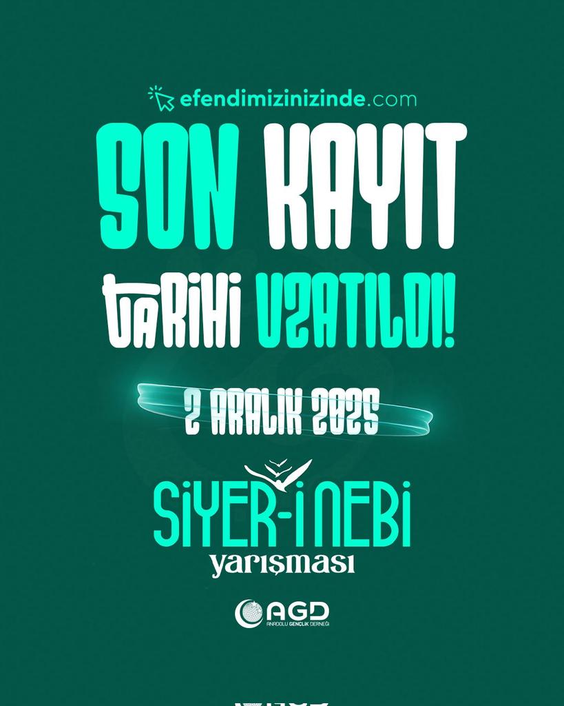 agdbalikesir's tweet image. 📍Son Kayıt Tarihi Uzatıldı!

Kaybedeni olmayan, kazanımları ömür boyu hayatımızı şekillendirecek Siyer-i Nebi Yarışmasına efendimizinizinde.com adresinden kayıt olabilirsiniz.

📆Son başvuru tarihi: 2 Aralık 2025

✒️Sınav tarihi: 14 Aralık 2025

🖱